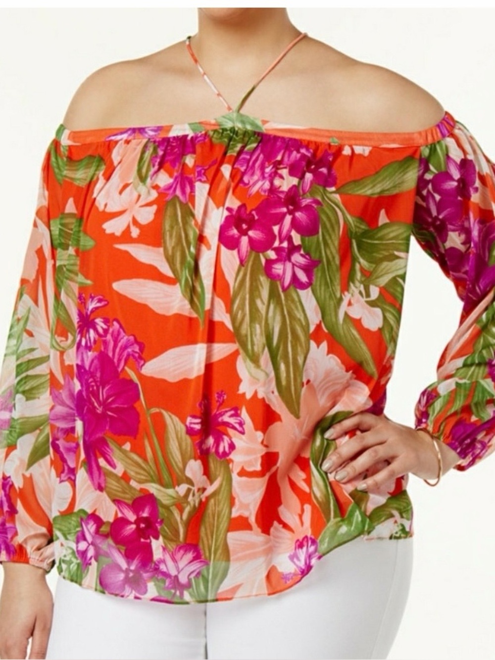 INC International Floral
Blouse Halter 
Cold Shoulder Tropical Heat